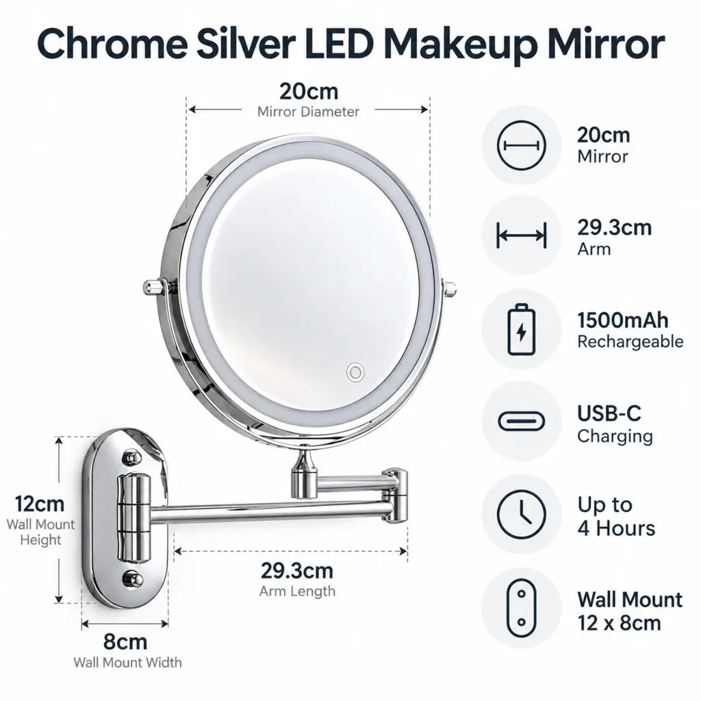 Chrome Silver Wall-Mounted LED Makeup Mirror with Extendable Arm