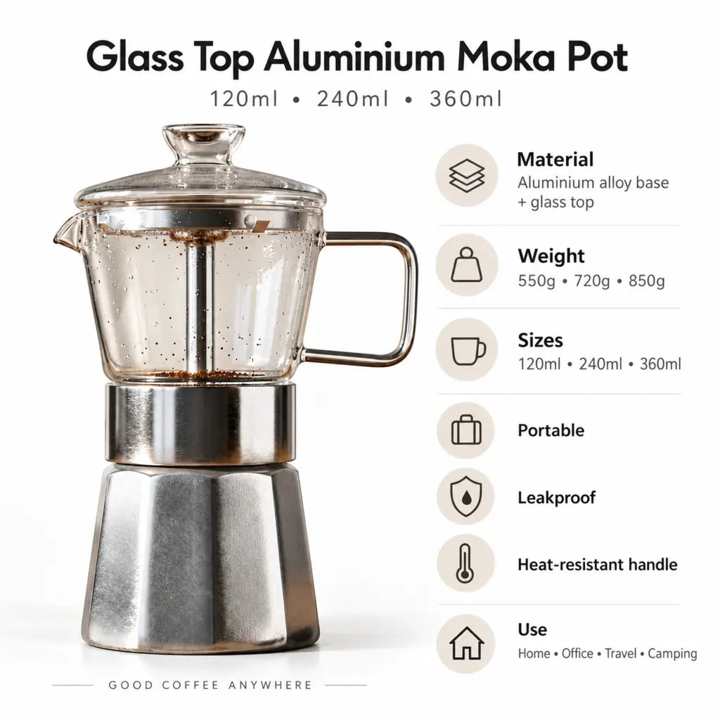 Glass Top Aluminium Moka Pot – See-Through Stovetop Espresso Maker