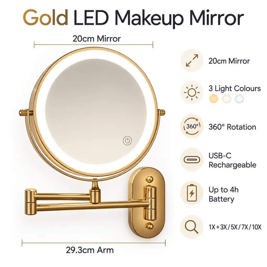 Gold Extendable LED Makeup Mirror with Magnification