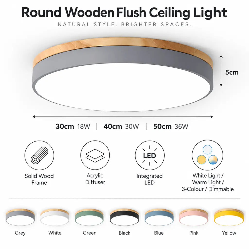 Round Wooden Flush Ceiling Light