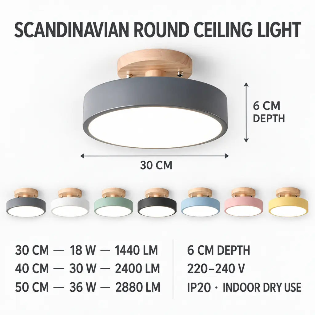 Scandinavian Round Semi Flush Ceiling Light with Wooden Base