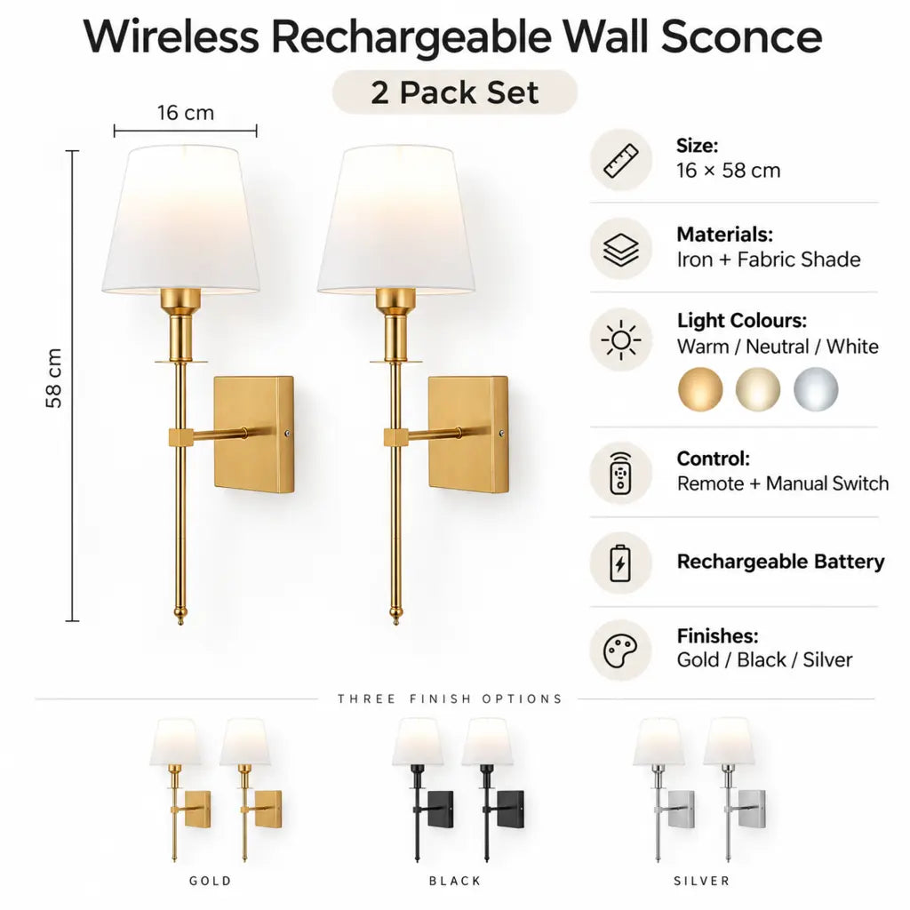 Wireless Rechargeable Wall Sconce - 2 Pack Set
