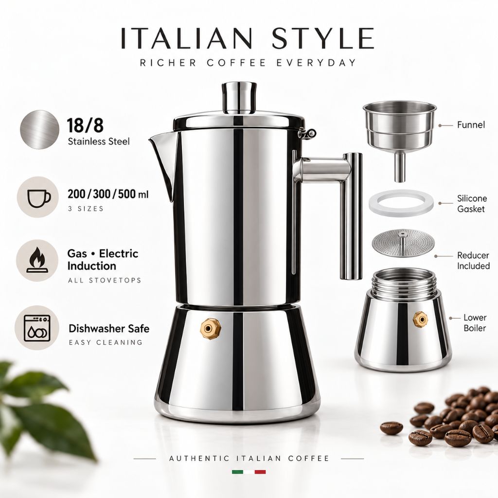 Italian Stainless Steel Moka Pot – Stovetop Espresso Maker