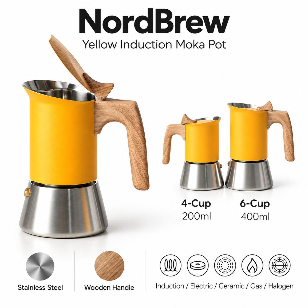 NordBrew Yellow Induction Moka Pot Stainless Steel & Wooden Handle