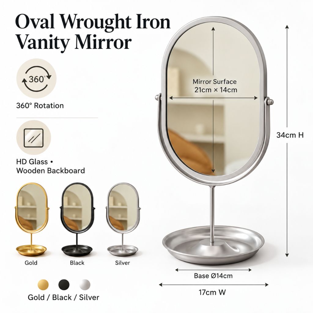 Oval Wrought Iron Vanity Mirror with 360° Rotation
