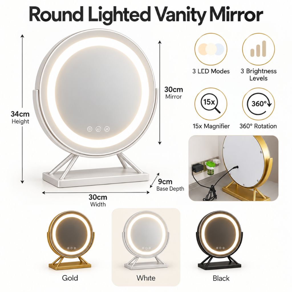Round lighted vanity mirror shown on a white background with dimension labels (34 cm height, 30 cm mirror diameter, 9 cm base depth), feature icons for 3 LCD modes, 3 brightness levels, 15x magnifier, and 360° rotation, plus three finish options labeled Gold, White, and Black.