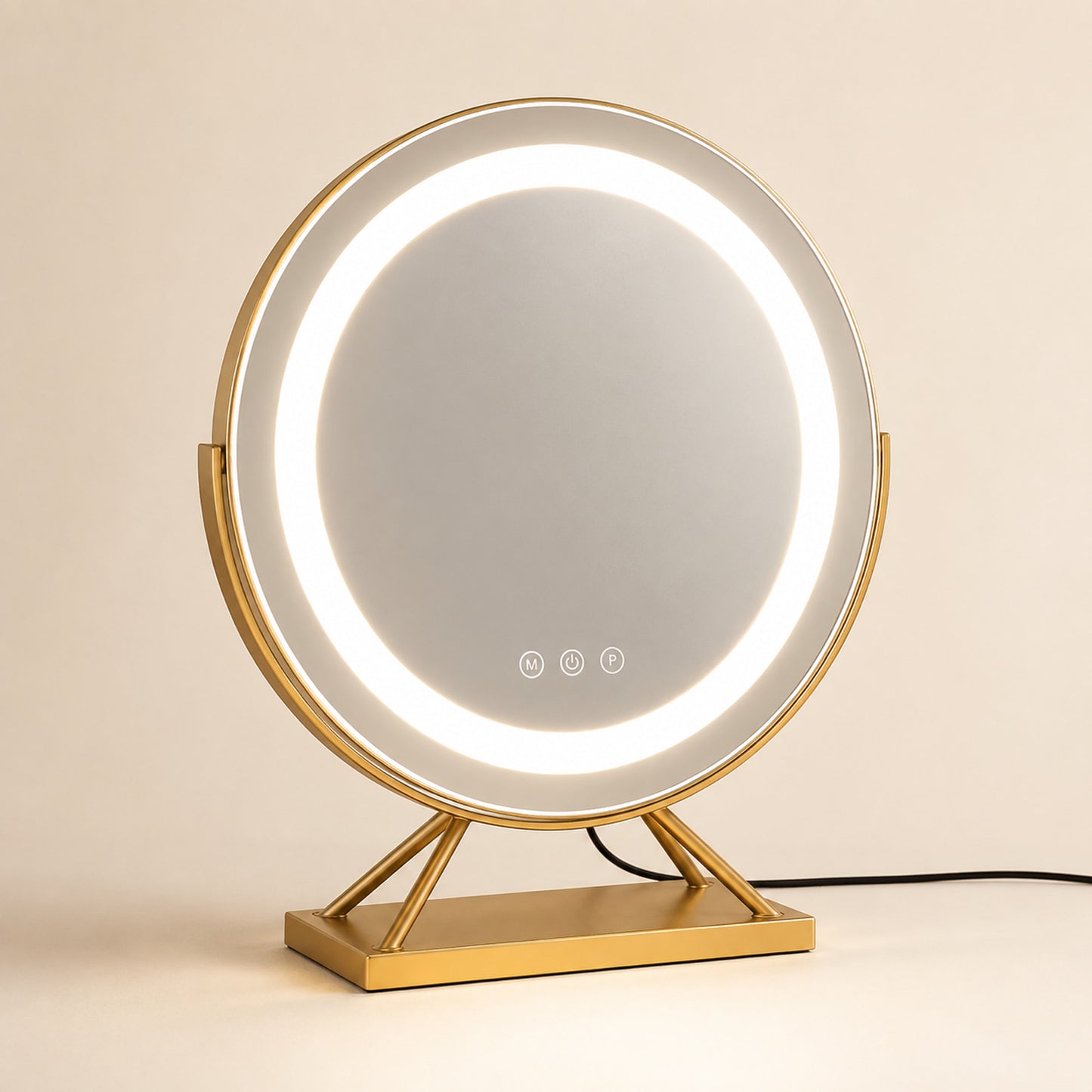 Gold round lighted vanity mirror with a rectangular base