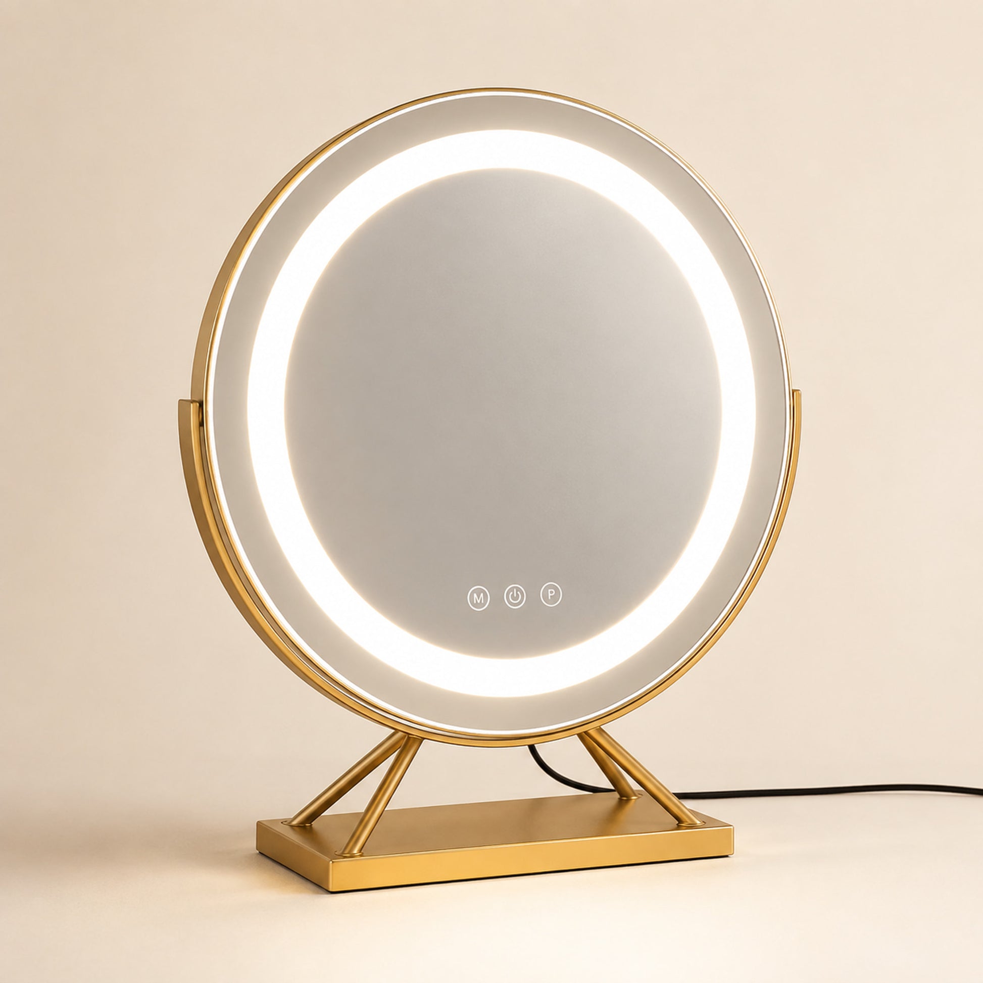 Gold round lighted vanity mirror with a rectangular base