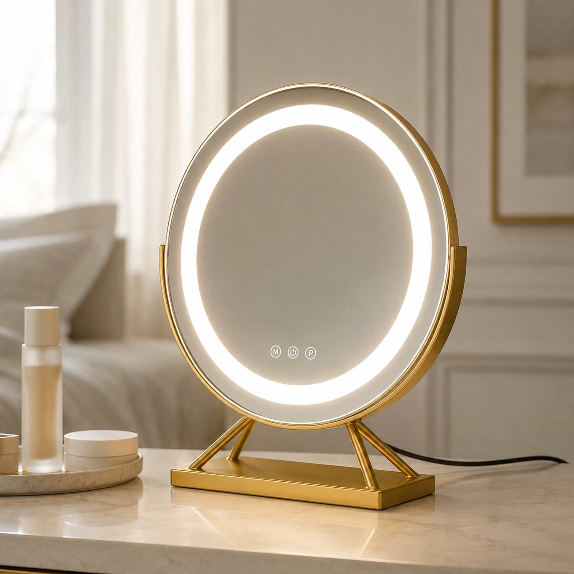Gold lighted vanity mirror on a refined bedroom dressing table