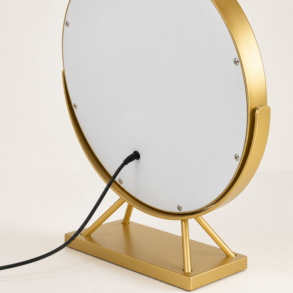 Rear power connection and cable on a Gold lighted vanity mirror