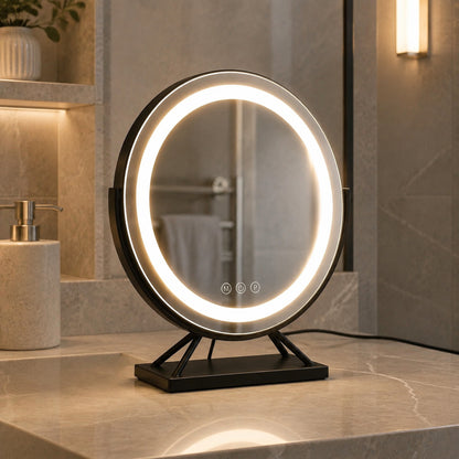 Black round lighted vanity mirror on a modern bathroom vanity