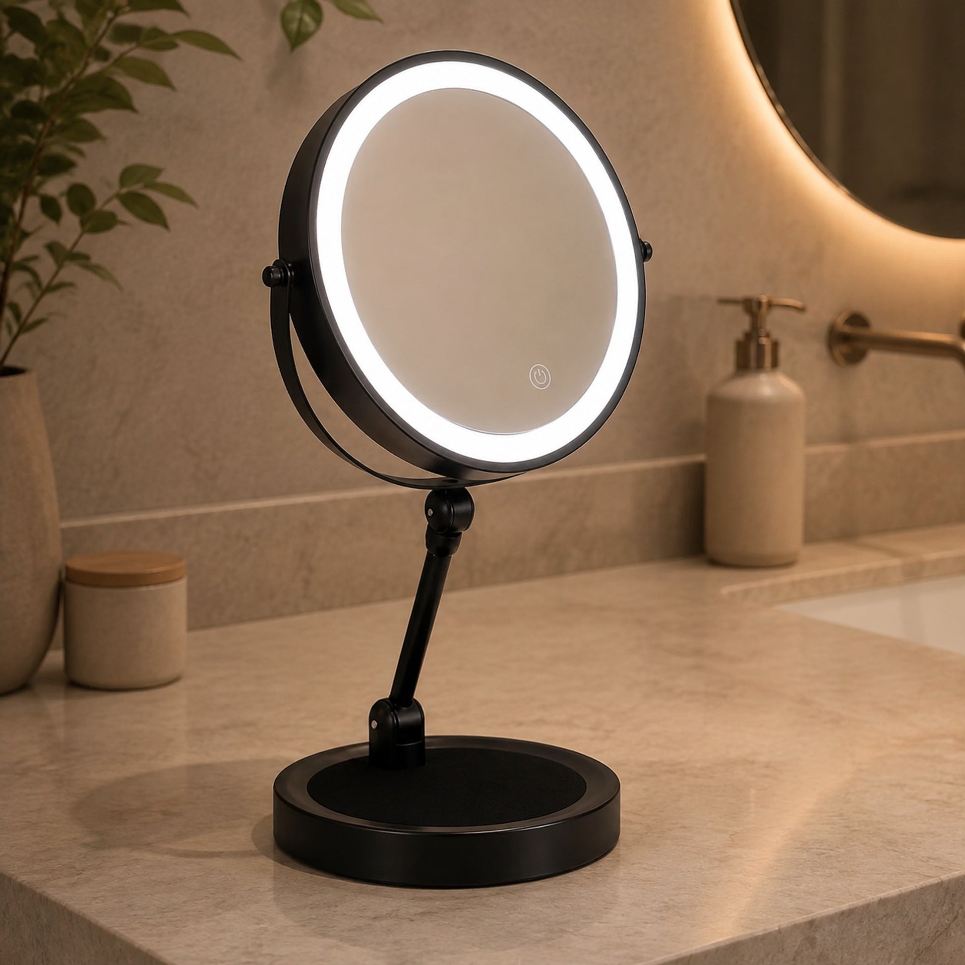 Black lighted tabletop makeup mirror on a modern bathroom vanity