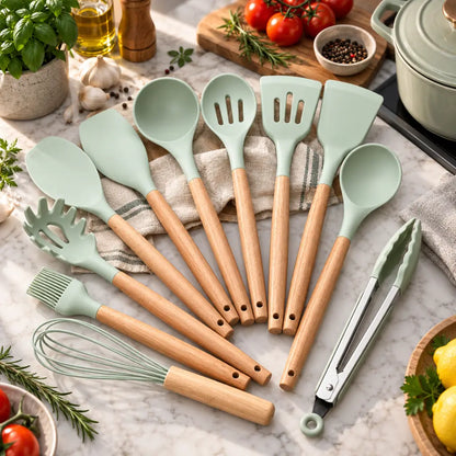 11-Piece Silicone Cooking Utensil Set with Wooden Handles
