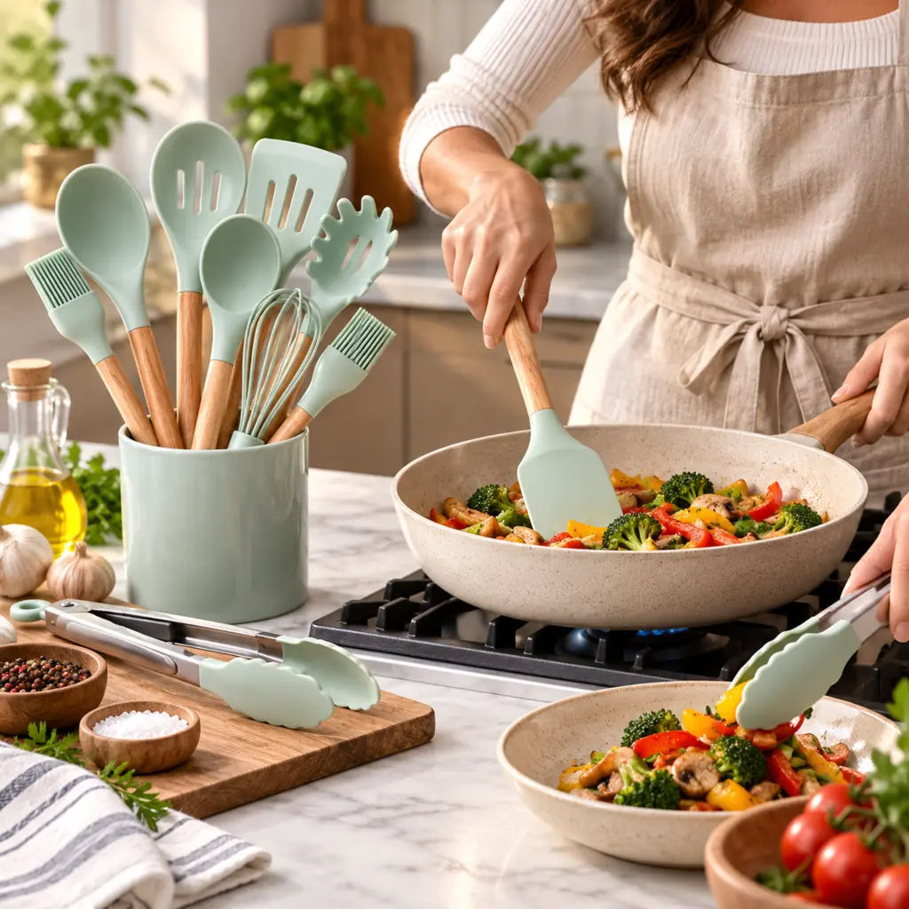 11-Piece Silicone Cooking Utensil Set with Wooden Handles