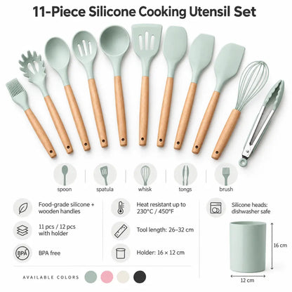 11-Piece Silicone Cooking Utensil Set with Wooden Handles