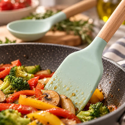 11-Piece Silicone Cooking Utensil Set with Wooden Handles