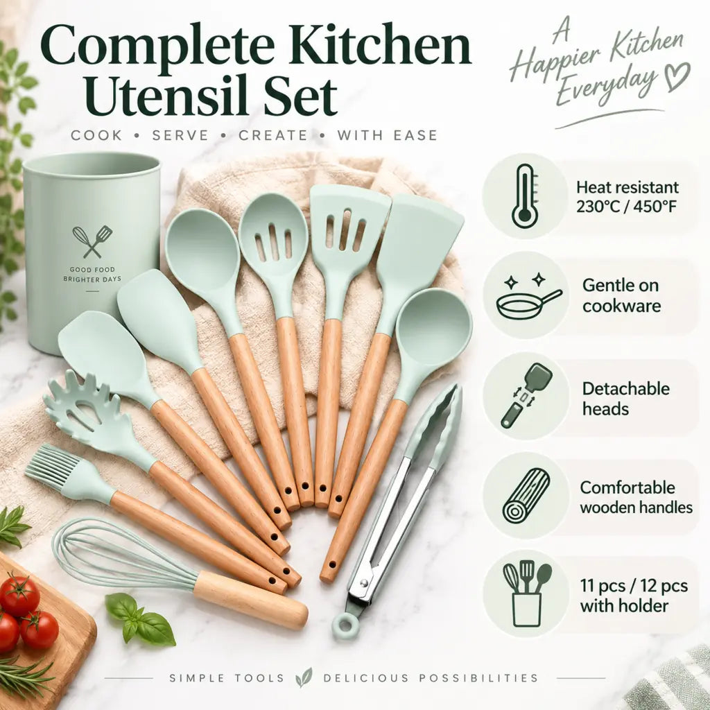 11-Piece Silicone Cooking Utensil Set with Wooden Handles