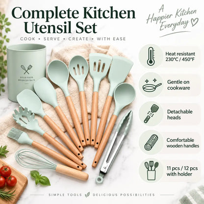 11-Piece Silicone Cooking Utensil Set with Wooden Handles