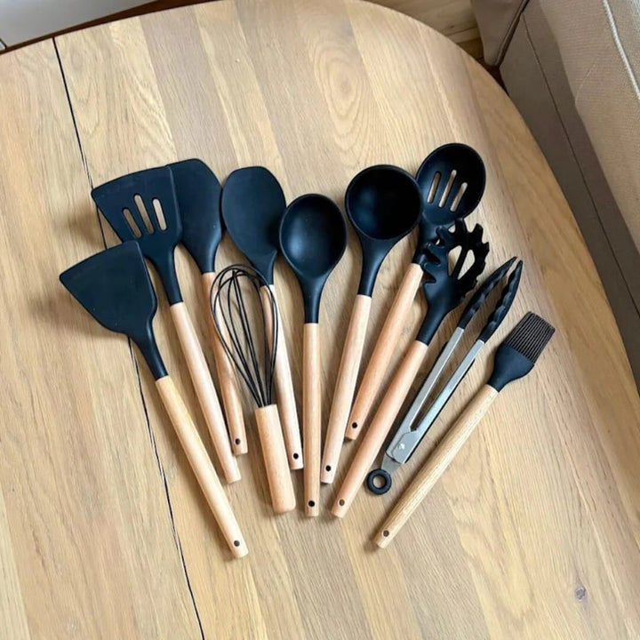 11-Piece Silicone Utensils Set with Wooden Handles – Boldenn