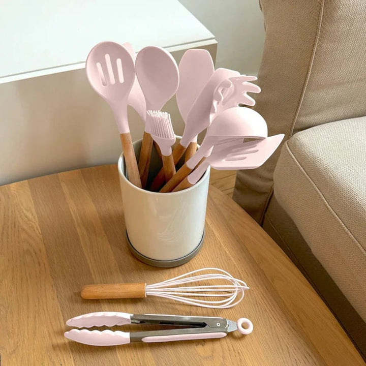 11-Piece Silicone Utensils Set with Wooden Handles – Boldenn