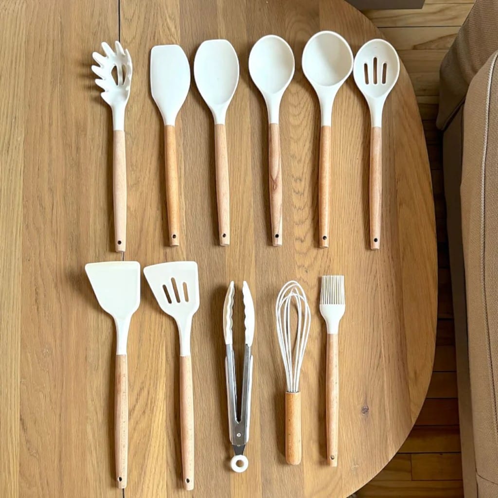 11-Piece Silicone Utensils Set with Wooden Handles – Boldenn