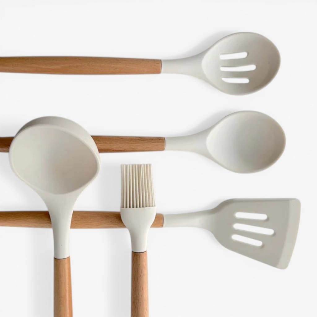 11-Piece Silicone Utensils Set with Wooden Handles – Boldenn