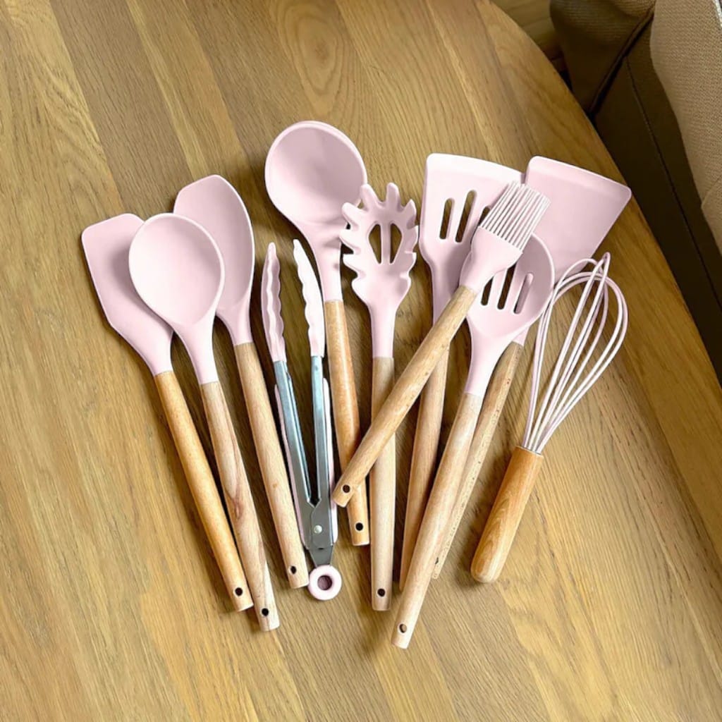 11-Piece Silicone Utensils Set with Wooden Handles – Boldenn
