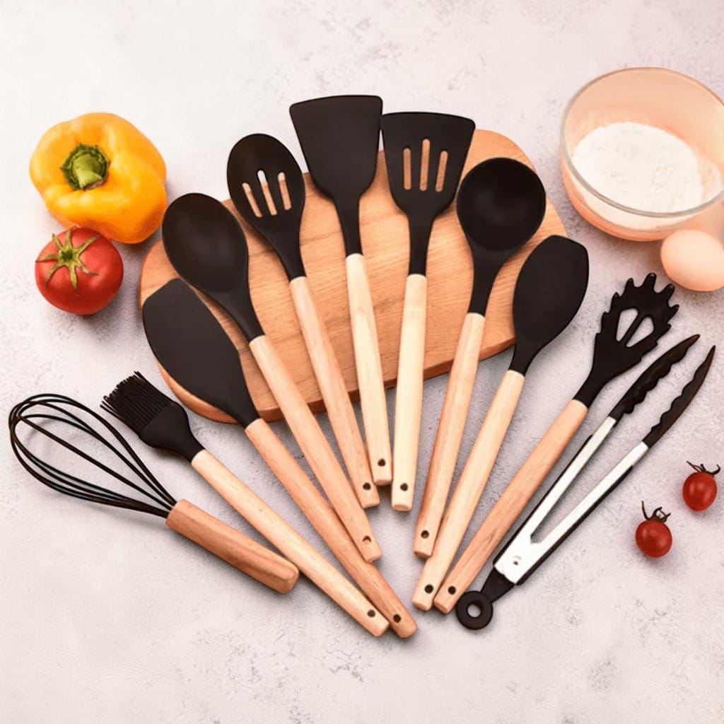 11-Piece Silicone Utensils Set with Wooden Handles – Boldenn