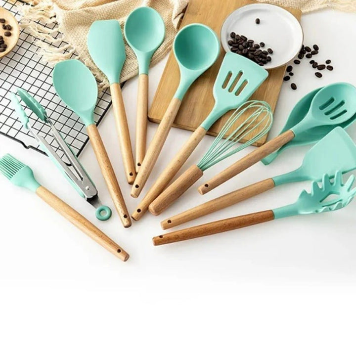 11-Piece Silicone Utensils Set with Wooden Handles – Boldenn