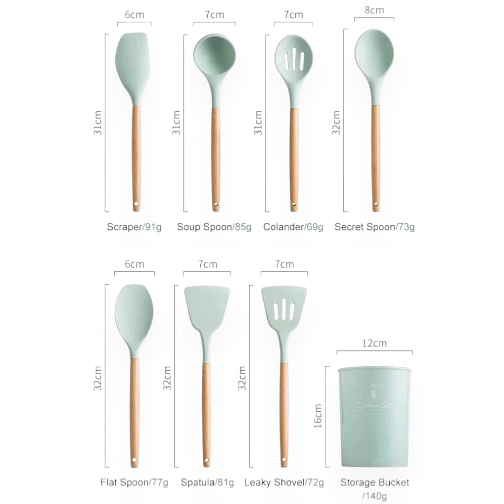 11-Piece Silicone Utensils Set with Wooden Handles – Boldenn