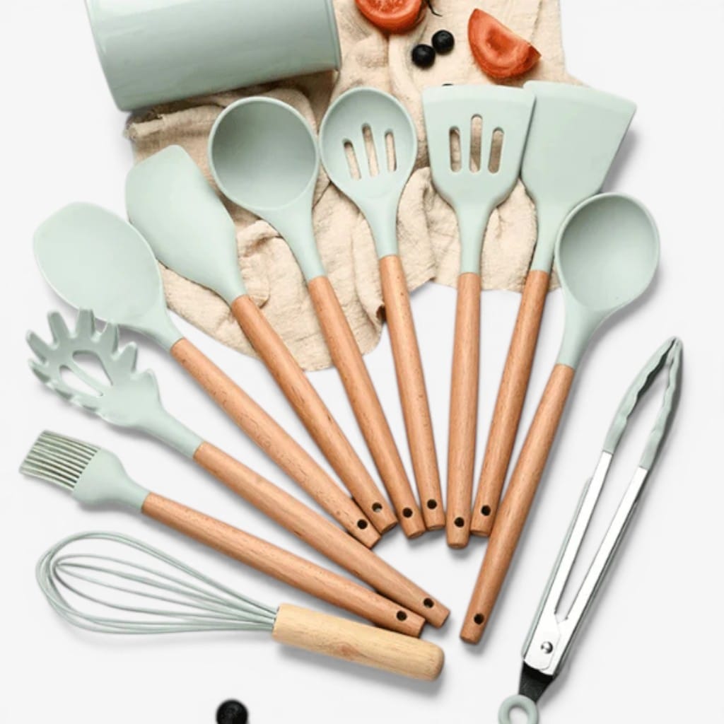 11-Piece Silicone Utensils Set with Wooden Handles – Boldenn