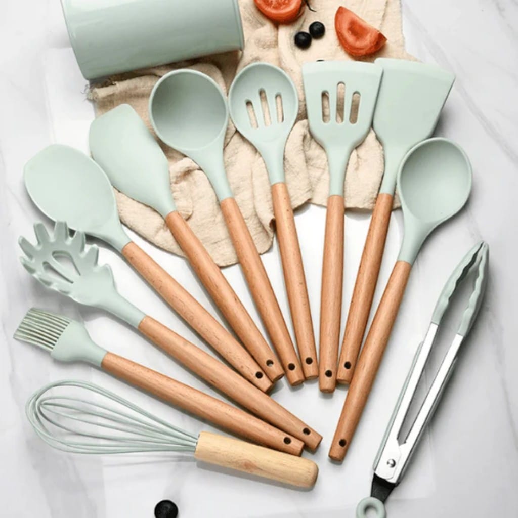 11-Piece Silicone Utensils Set with Wooden Handles – Boldenn