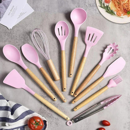 11-Piece Silicone Utensils Set with Wooden Handles – Boldenn