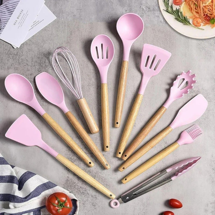 11-Piece Silicone Utensils Set with Wooden Handles – Boldenn