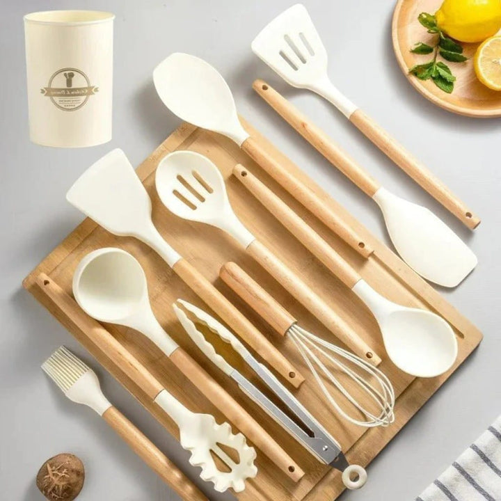 11-Piece Silicone Utensils Set with Wooden Handles – Boldenn