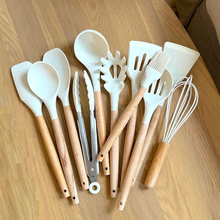 11-Piece Silicone Utensils Set with Wooden Handles – Boldenn