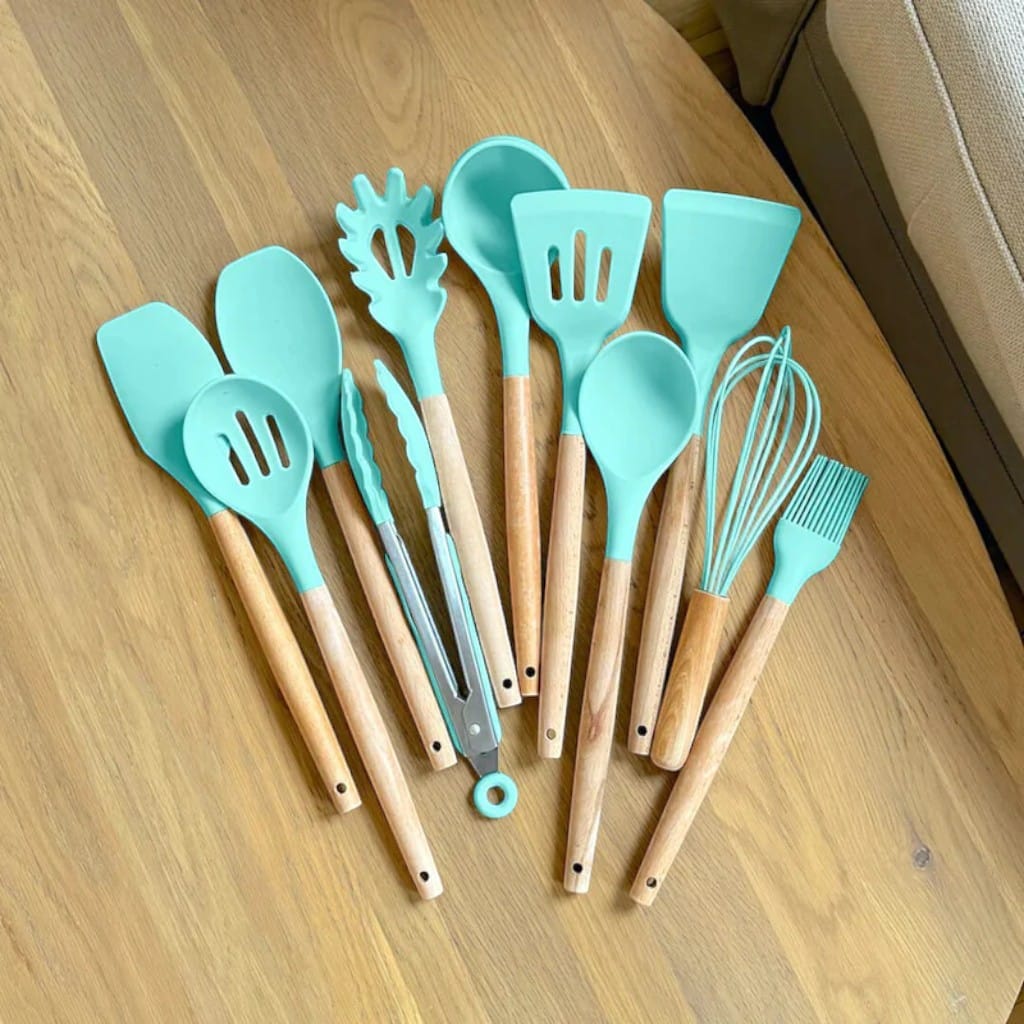 11-Piece Silicone Utensils Set with Wooden Handles – Boldenn