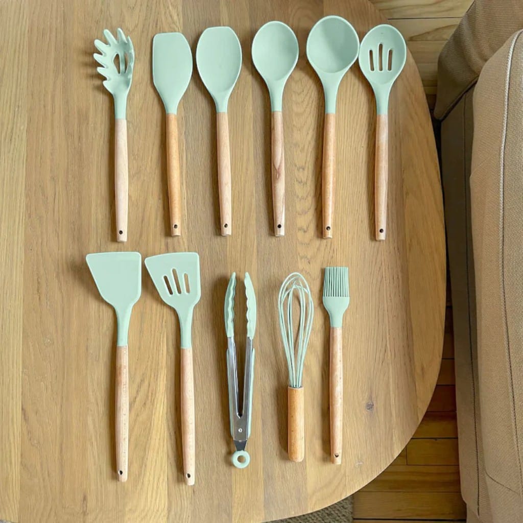 11-Piece Silicone Utensils Set with Wooden Handles – Boldenn
