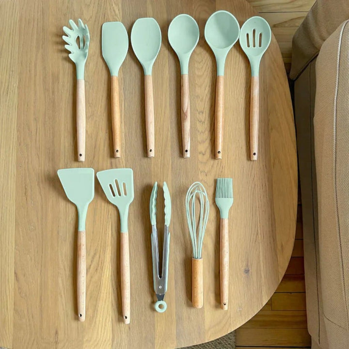 11-Piece Silicone Utensils Set with Wooden Handles – Boldenn