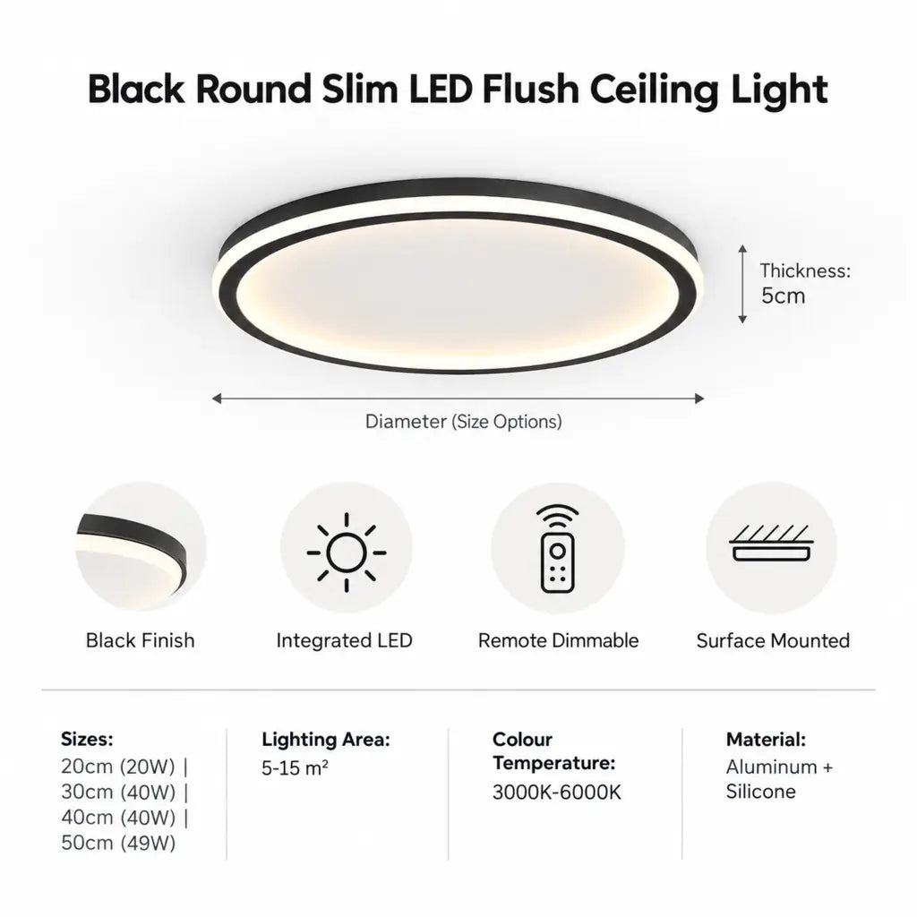 Black Round Slim LED Flush Ceiling Light