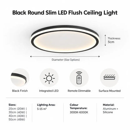 Black Round Slim LED Flush Ceiling Light