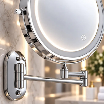 Chrome Silver Wall-Mounted LED Makeup Mirror with Extendable Arm