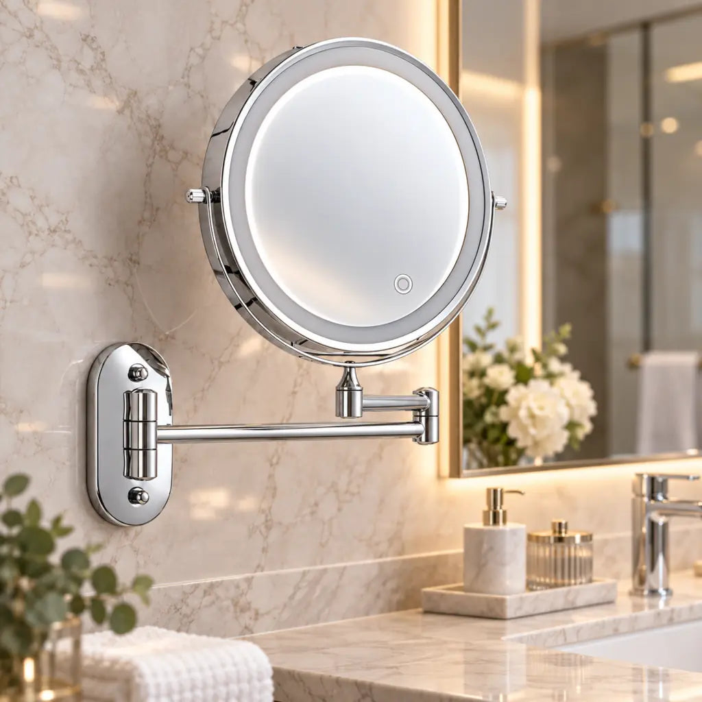 Chrome Silver Wall-Mounted LED Makeup Mirror with Extendable Arm