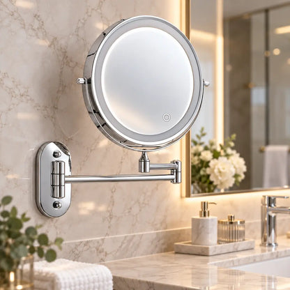 Chrome Silver Wall-Mounted LED Makeup Mirror with Extendable Arm