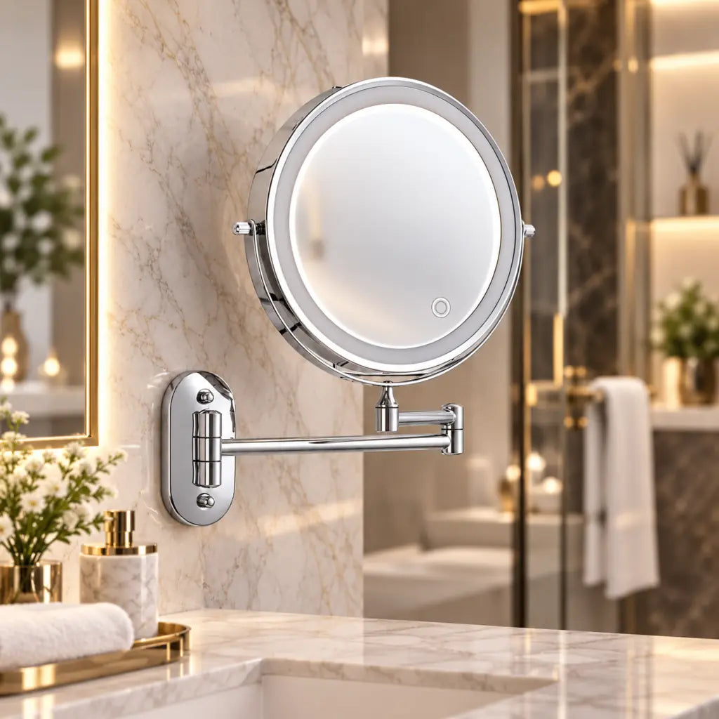 Chrome Silver Wall-Mounted LED Makeup Mirror with Extendable Arm