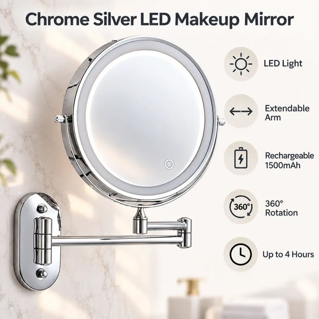 Chrome Silver Wall-Mounted LED Makeup Mirror with Extendable Arm
