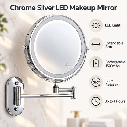 Chrome Silver Wall-Mounted LED Makeup Mirror with Extendable Arm