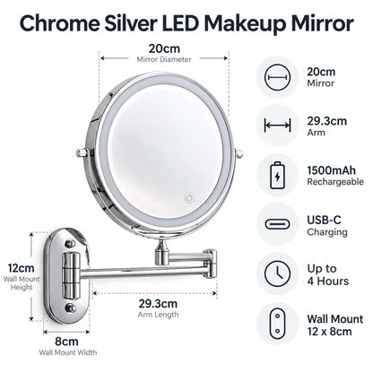 Chrome Silver Wall-Mounted LED Makeup Mirror with Extendable Arm