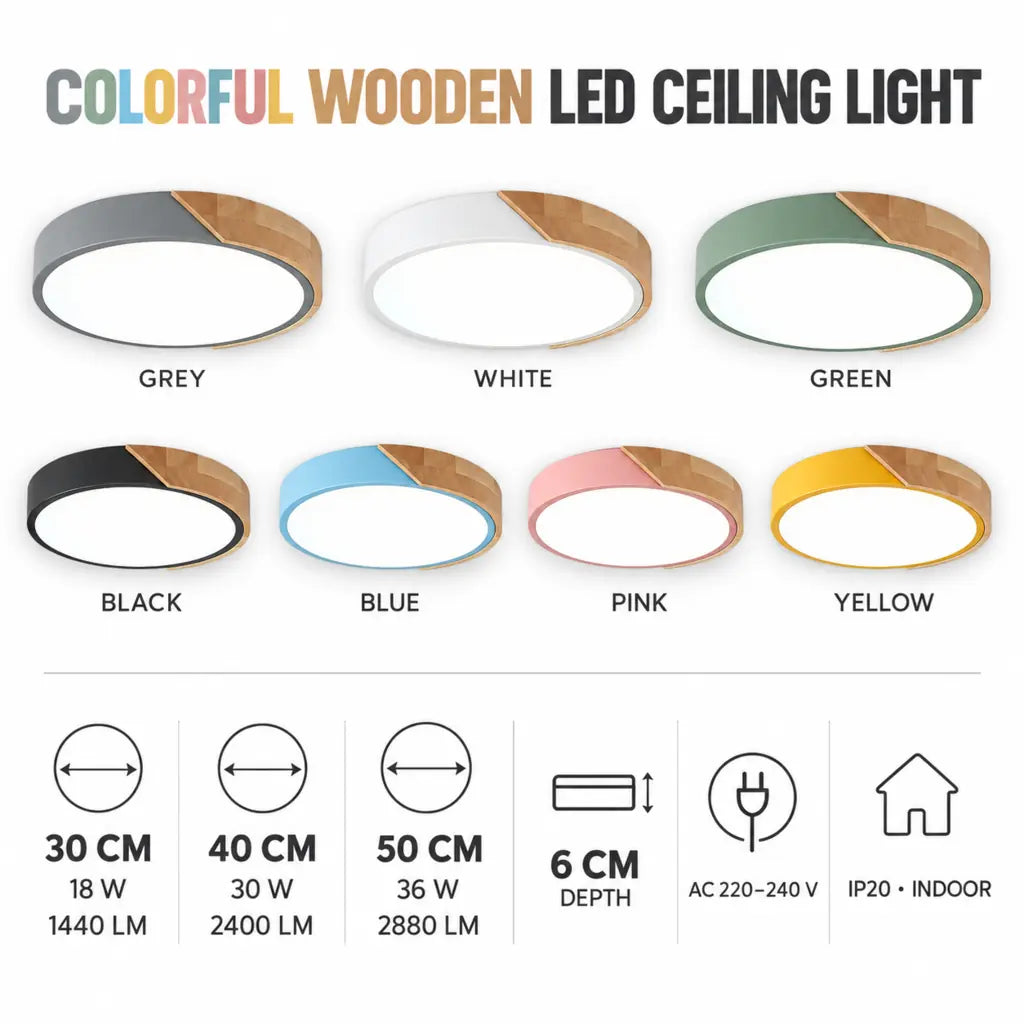 Colorful Wooden Round LED Flush Ceiling Light