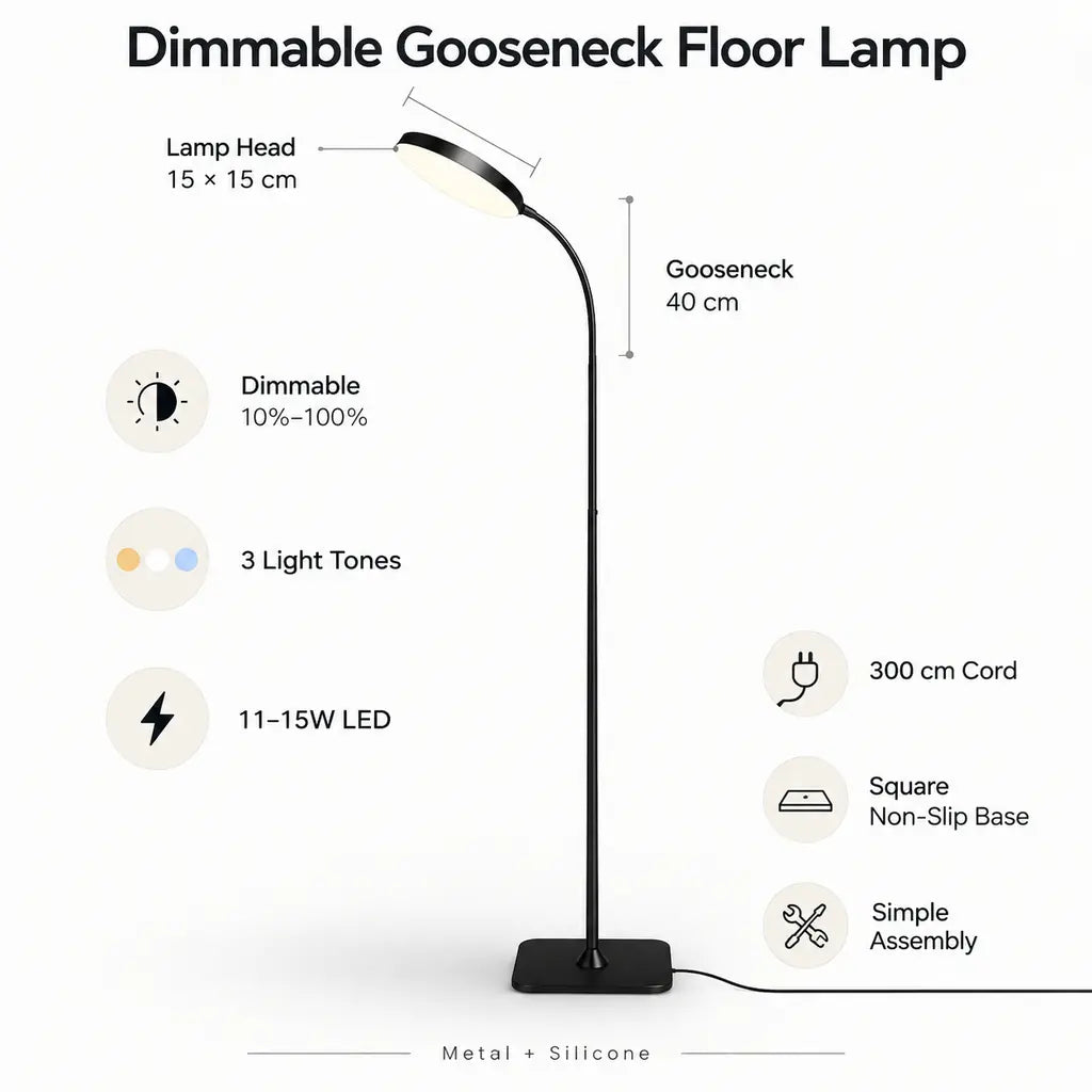 Dimmable Gooseneck Floor Lamp with Adjustable Height